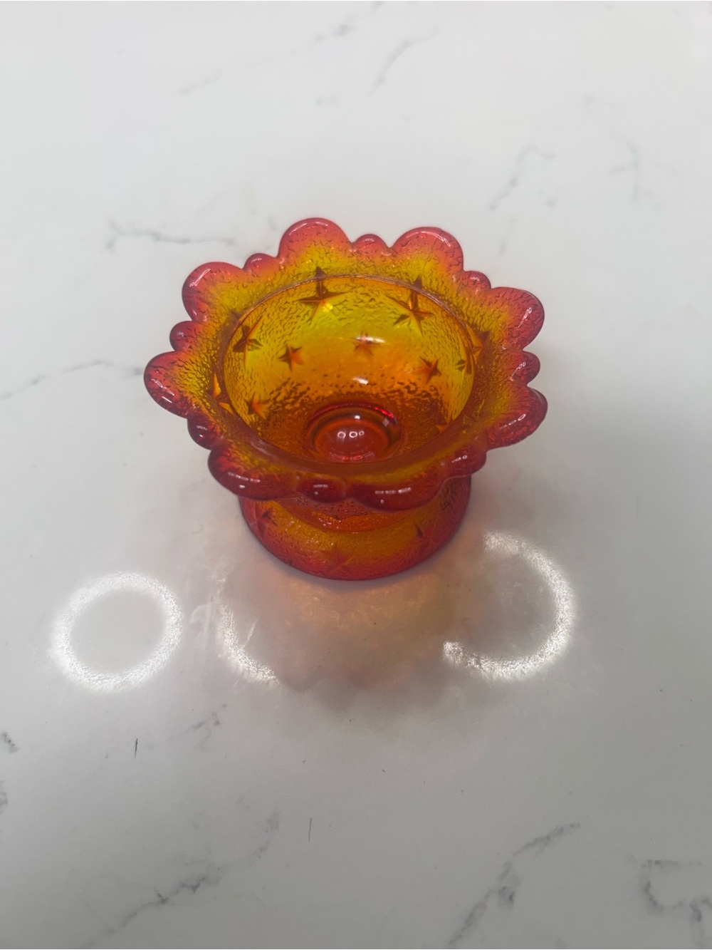 Vintage Amberina Moon & Stars Glass Trinket Dish Pedestal Toothpick Holder Red